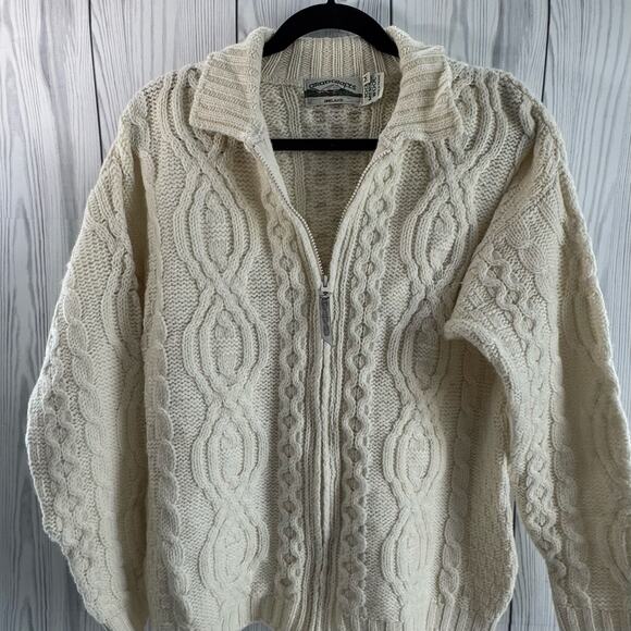 Vintage Arancrafts 100% Merino Wool Cable Knit Cardigan Sweater Full-Zip Medium - Picture 1 of 7